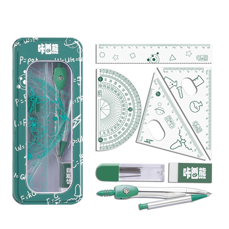 8 tk matemaatika geomeetria komplekt koos joonlaudadega kraadiklaasi kompassi kustutuskummide täitematerjalide ja metallkarbiga koolitarbed joonistamiseks ja joonistamiseks