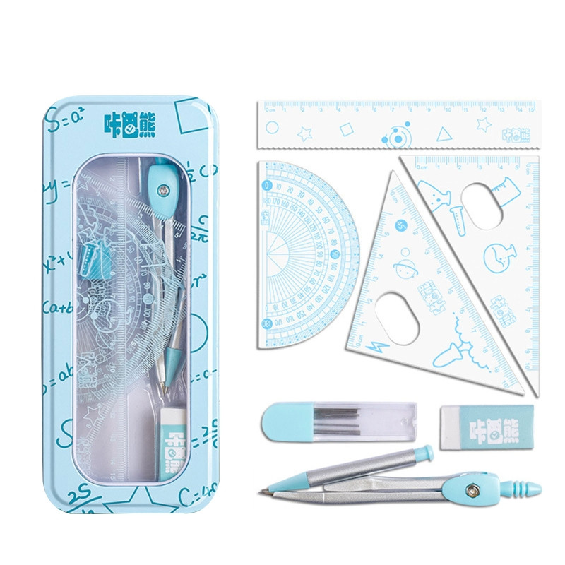 8 tk matemaatika geomeetria komplekt koos joonlaudadega kraadiklaasi kompassi kustutuskummide täitematerjalide ja metallkarbiga koolitarbed joonistamiseks ja joonistamiseks