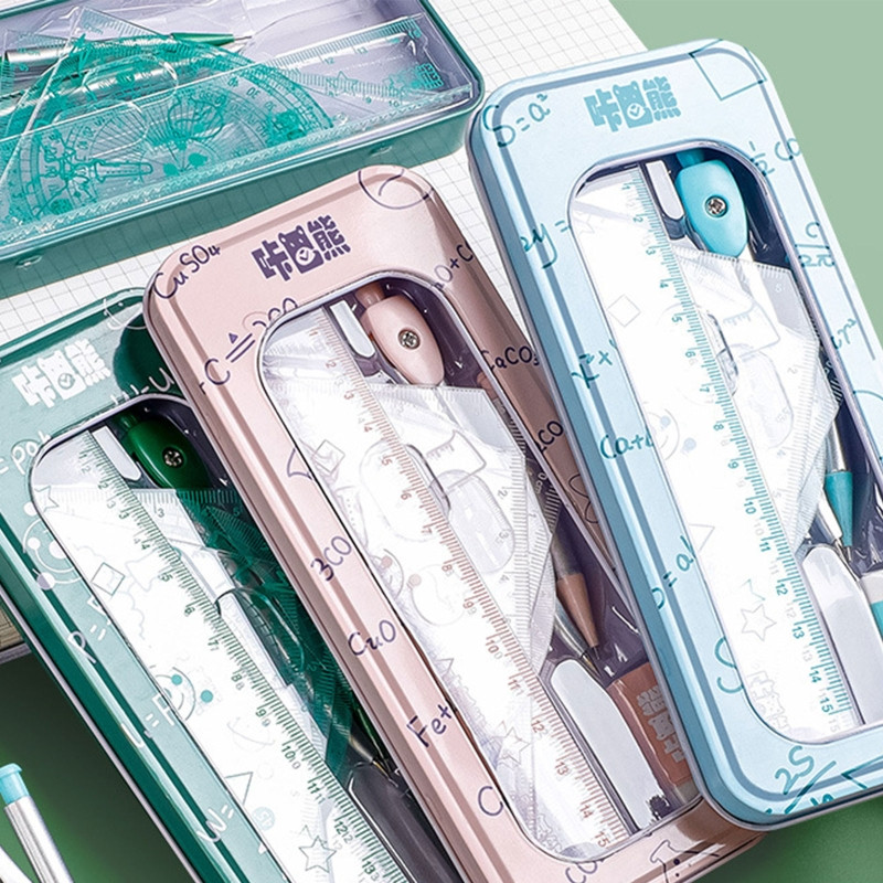 8 tk matemaatika geomeetria komplekt koos joonlaudadega kraadiklaasi kompassi kustutuskummide täitematerjalide ja metallkarbiga koolitarbed joonistamiseks ja joonistamiseks