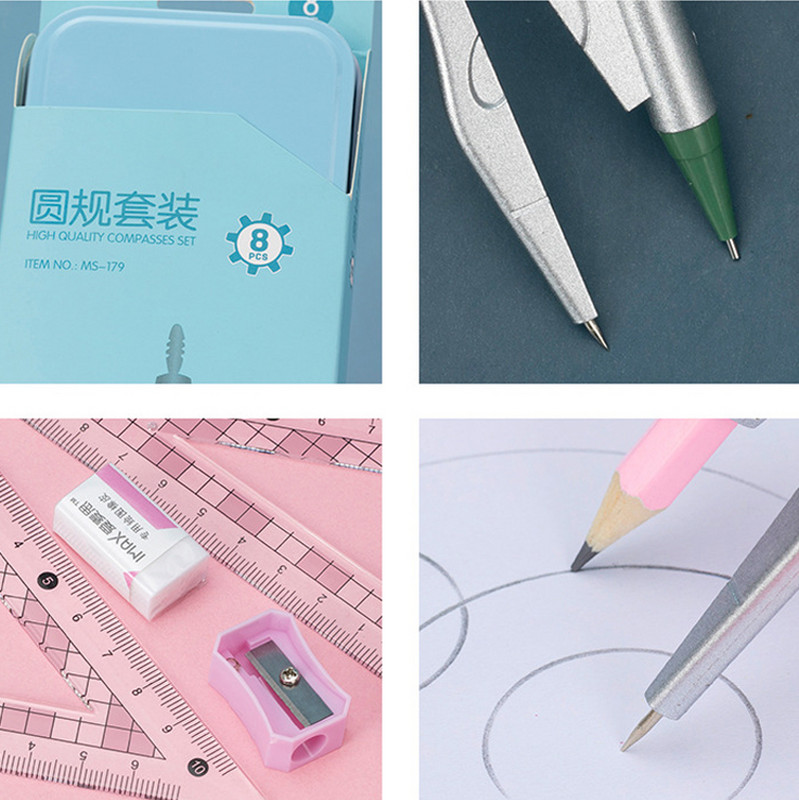 8tk/komplekt Loomingulised joonlauakomplektid õpilastele Kirjatarbed Pliiatsiteritaja Kustutuskumm Kompass Eksami Joonistustööriistad Kooli kontoritarbed Uus