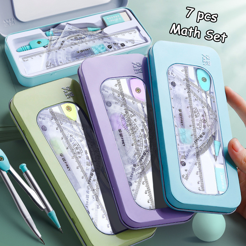 7 gab./komplekts Matemātiskie lineālu komplekts Daudzfunkcionāls profesionāls kompass Lineāls Zīmēšanas rīki Skolas piederumi Skolēniem Kancelejas preces