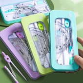 Set de 7 piese de riglă busolă în cutie de fier Riglă pentru copii triunghi din cauciuc casetă de creion set de papetărie pentru studenți rechizite școlare