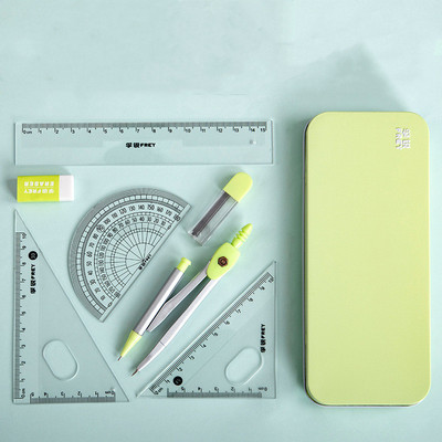 Set de 7 piese de riglă busolă în cutie de fier Riglă pentru copii triunghi din cauciuc casetă de creion set de papetărie pentru studenți rechizite școlare