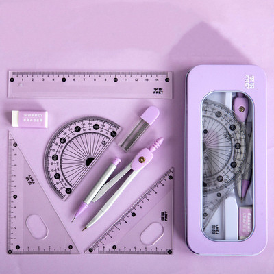 Set de 7 piese de riglă busolă în cutie de fier Riglă pentru copii triunghi din cauciuc casetă de creion set de papetărie pentru studenți rechizite școlare