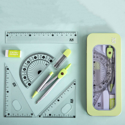 Set de 7 piese de riglă busolă în cutie de fier Riglă pentru copii triunghi din cauciuc casetă de creion set de papetărie pentru studenți rechizite școlare