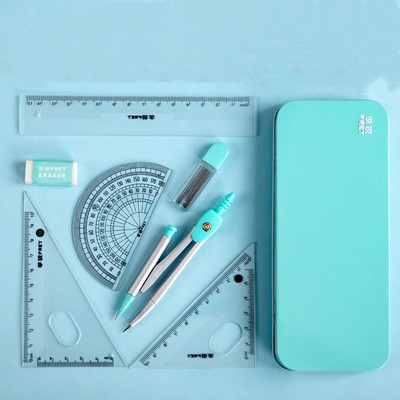 Set de 7 piese de riglă busolă în cutie de fier Riglă pentru copii triunghi din cauciuc casetă de creion set de papetărie pentru studenți rechizite școlare