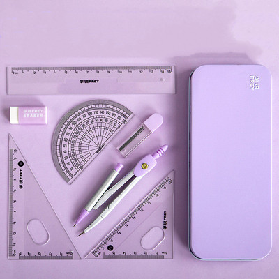 Set de 7 piese de riglă busolă în cutie de fier Riglă pentru copii triunghi din cauciuc casetă de creion set de papetărie pentru studenți rechizite școlare