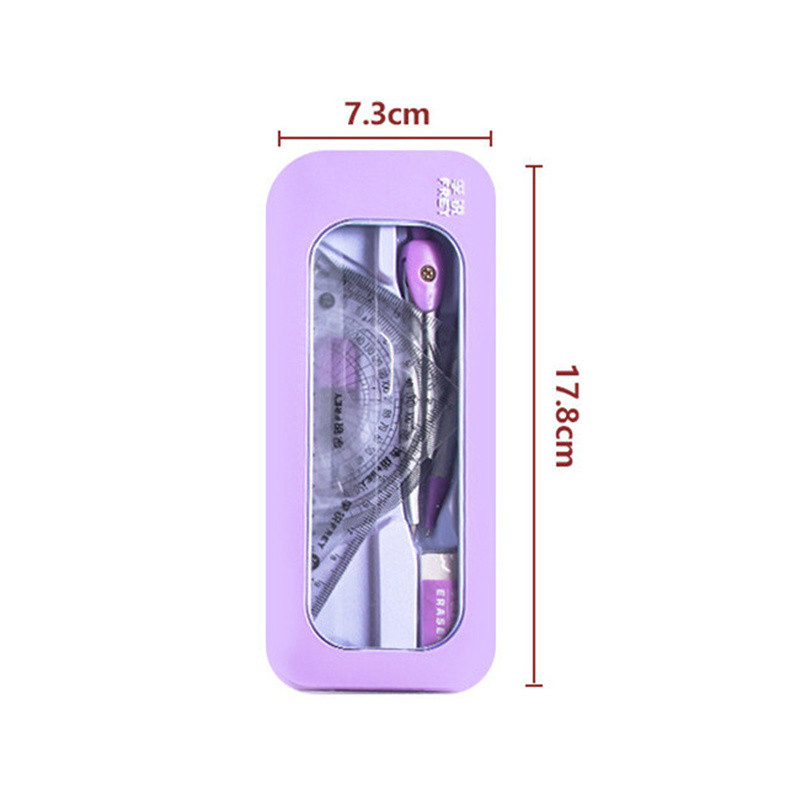 Set de 7 piese de riglă busolă în cutie de fier Riglă pentru copii triunghi din cauciuc casetă de creion set de papetărie pentru studenți rechizite școlare