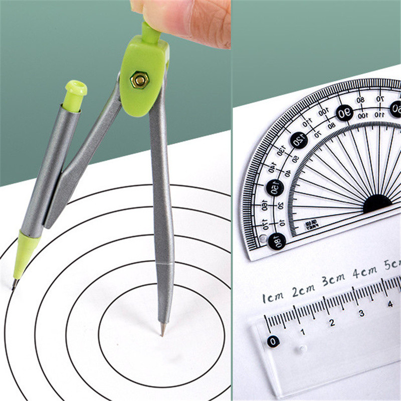 Set de 7 piese de riglă busolă în cutie de fier Riglă pentru copii triunghi din cauciuc casetă de creion set de papetărie pentru studenți rechizite școlare