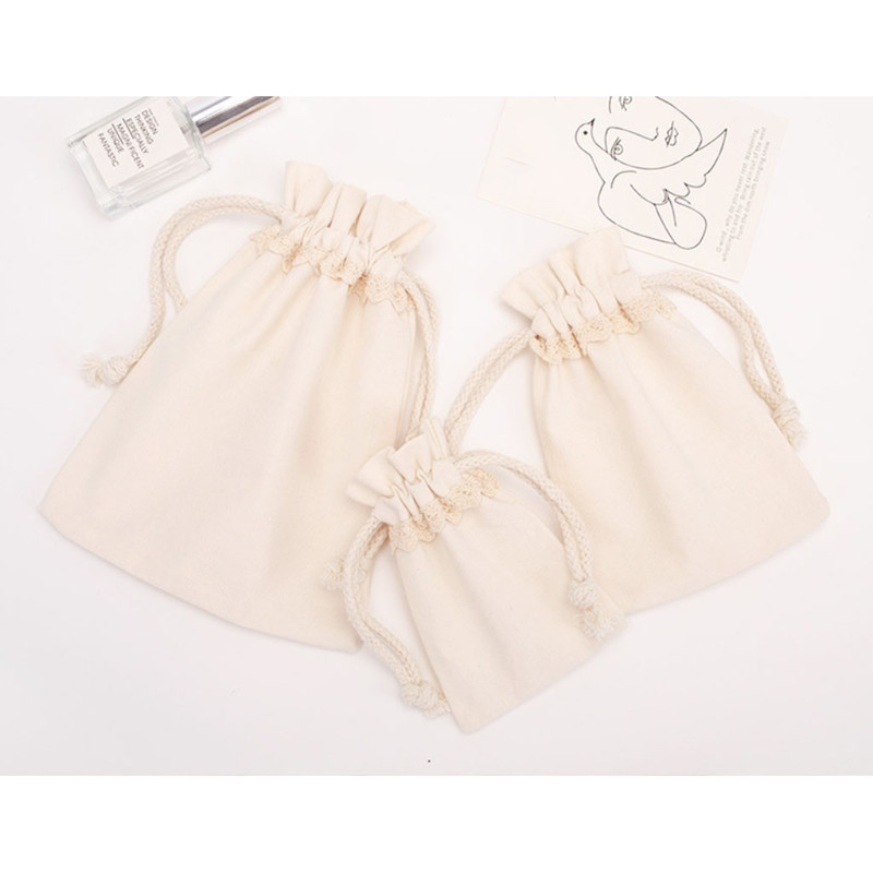 Nėriniai medvilniniai raištelių maišeliai Daugkartinio naudojimo muslino maišelis Natūralios medvilnės krepšys papuošalų maišelis