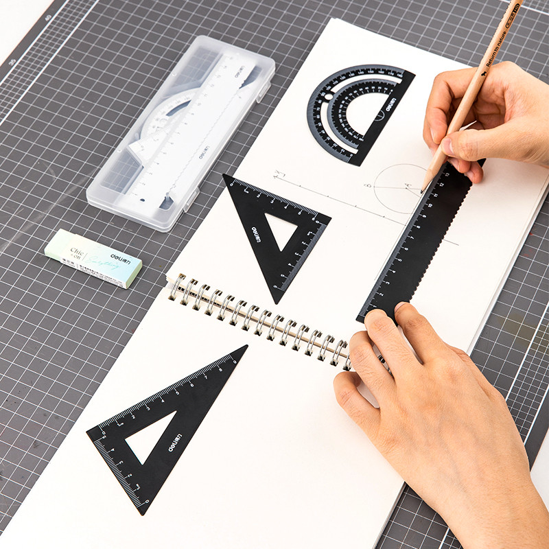 Set de rigle din aluminiu DELI Măsurarea desenelor riglă triunghiulară dreptar Protractor Material pentru desenare Set de rigle pentru geometrie