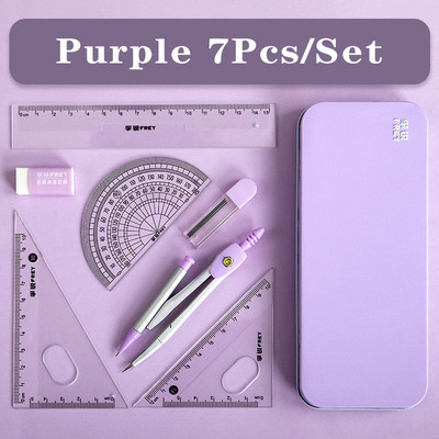 Set de rigle de 7 bucăți/lot Kawaii Kit de șters pentru desen geometric pentru întoarcere la școală Set busolă matematică Rechizite școlare de birou 2022 Papetarie