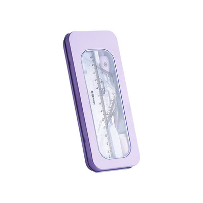Set de 7 bucăți Kit de papetărie pentru studenți, școală, riglă triunghiulară, busole, gumă, creion, reumplere, cutie de măsurare cadou violet