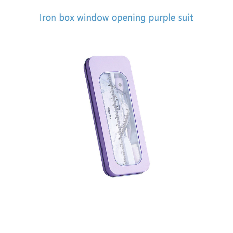 Set de 7 bucăți Kit de papetărie pentru studenți, școală, riglă triunghiulară, busole, gumă, creion, reumplere, cutie de măsurare cadou violet