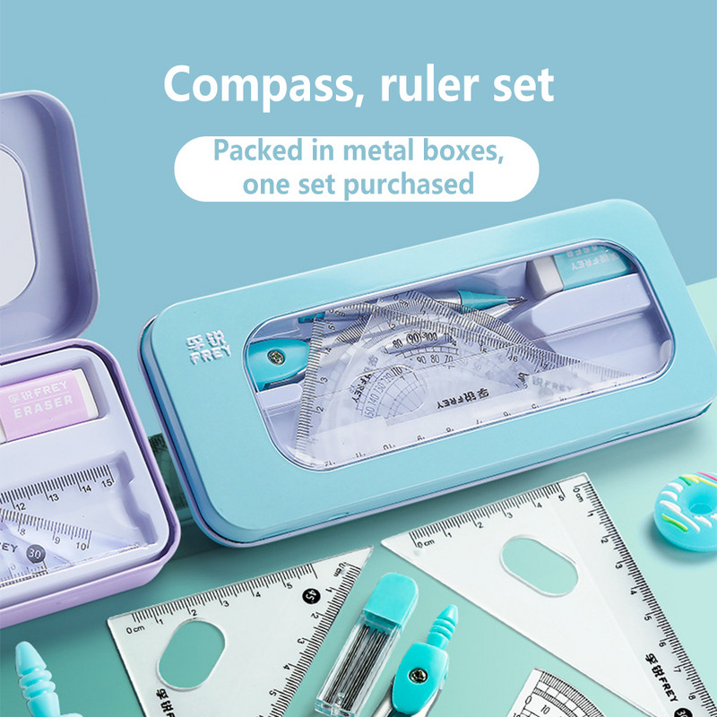 Set de 7 bucăți Kit de papetărie pentru studenți, școală, riglă triunghiulară, busole, gumă, creion, reumplere, cutie de măsurare cadou violet