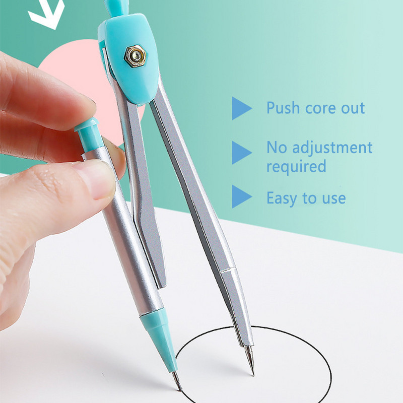 Set de 7 bucăți Kit de papetărie pentru studenți, școală, riglă triunghiulară, busole, gumă, creion, reumplere, cutie de măsurare cadou violet