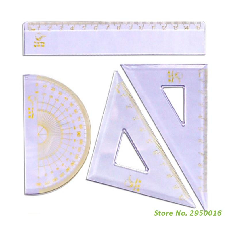 4Pcs/set Prozirna ravnala za crtanje Set alata za crtanje precizne geometrije uključuje ravno ravnalo Trokutasto ravnalo Kutomjer