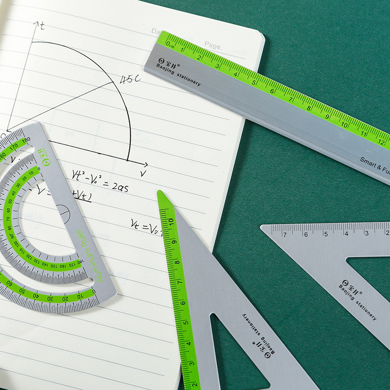 4 buc./pachet Seturi de rigle din aliaj de aluminiu 15 CM Rigla triunghiulara de masurare a dreptei Protractor pentru elevi Rechizite scolare de birou