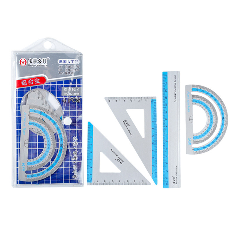 4 buc./pachet Seturi de rigle din aliaj de aluminiu 15 CM Rigla triunghiulara de masurare a dreptei Protractor pentru elevi Rechizite scolare de birou