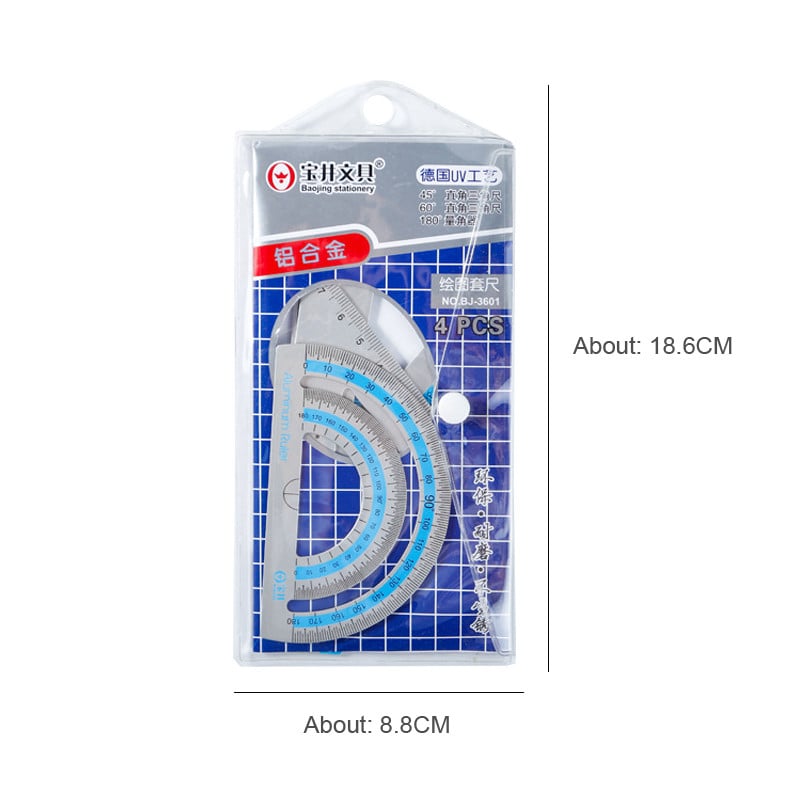 4 buc./pachet Seturi de rigle din aliaj de aluminiu 15 CM Rigla triunghiulara de masurare a dreptei Protractor pentru elevi Rechizite scolare de birou