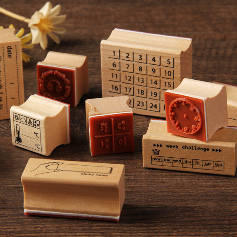 Kawaii Retro mediniai guminiai antspaudai Maži mielas orų kalendoriaus planas Antspaudas Guminis sandariklis DIY Scrapbooking žurnalų planuotojas dekoratyvinis