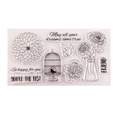 Silikónová pečiatka s kvetinovou vtáčou klietkou, priehľadná, číra, na pečiatku, DIY, scrapbooking, gumová pečiatka, embosovanie, dekorácia do diára, opakovane použiteľná.