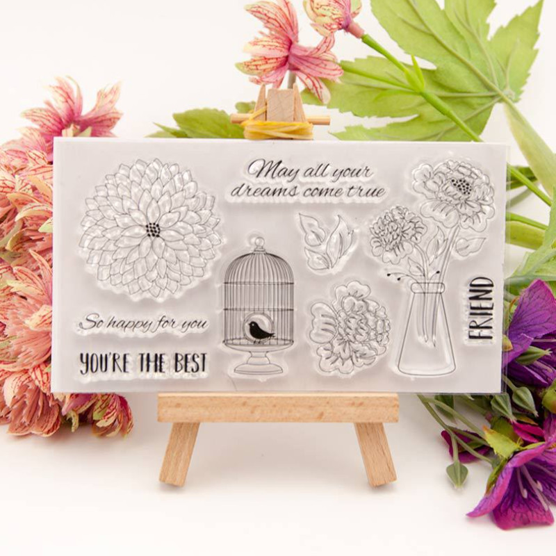 Silikónová pečiatka s kvetinovou vtáčou klietkou, priehľadná, číra, na pečiatku, DIY, scrapbooking, gumová pečiatka, embosovanie, dekorácia do diára, opakovane použiteľná.