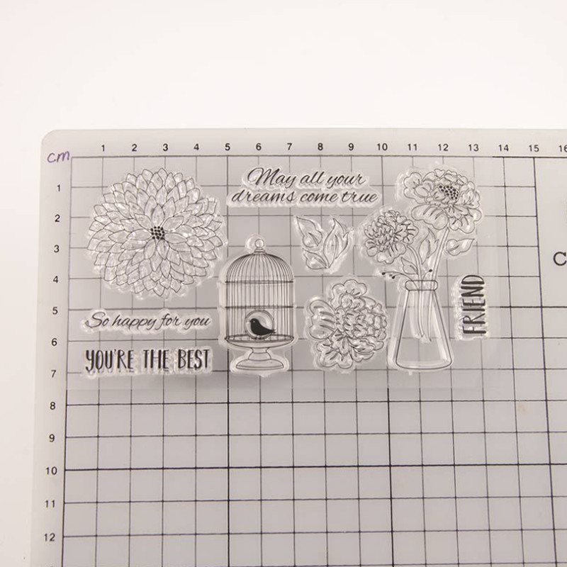 Silikónová pečiatka s kvetinovou vtáčou klietkou, priehľadná, číra, na pečiatku, DIY, scrapbooking, gumová pečiatka, embosovanie, dekorácia do diára, opakovane použiteľná.