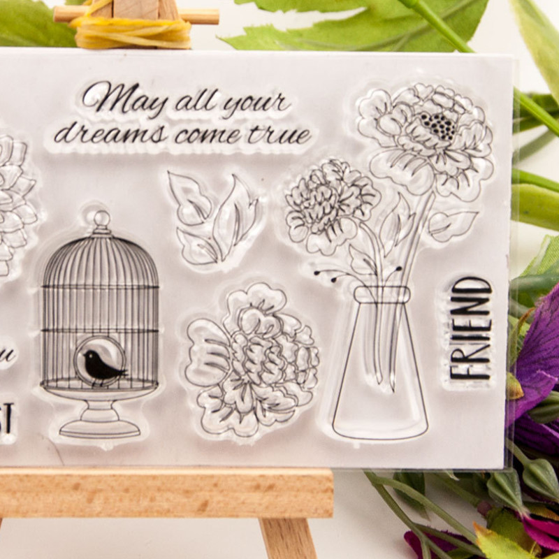 Silikónová pečiatka s kvetinovou vtáčou klietkou, priehľadná, číra, na pečiatku, DIY, scrapbooking, gumová pečiatka, embosovanie, dekorácia do diára, opakovane použiteľná.