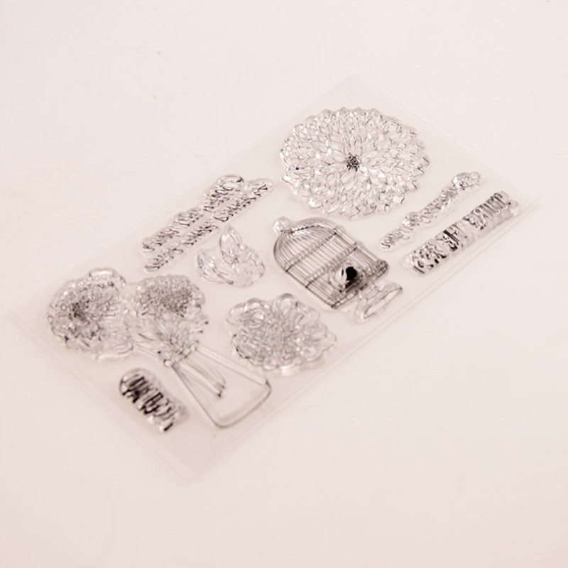 Silikónová pečiatka s kvetinovou vtáčou klietkou, priehľadná, číra, na pečiatku, DIY, scrapbooking, gumová pečiatka, embosovanie, dekorácia do diára, opakovane použiteľná.