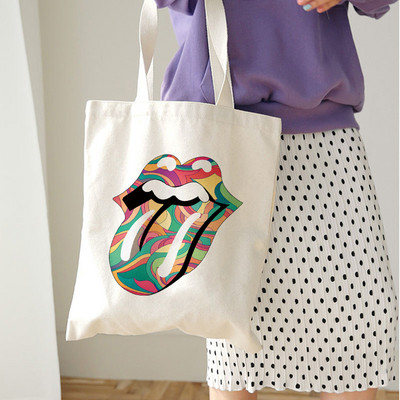 Genți de cumpărături reutilizabile, reutilizabile, pentru femei, Harajuku, cu umăr, geantă de pânză, de capacitate mare, cu imprimeu de buze
