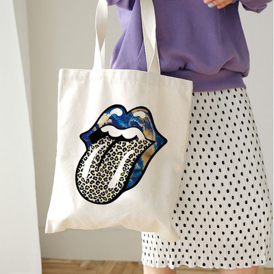 Genți de cumpărături reutilizabile, reutilizabile, pentru femei, Harajuku, cu umăr, geantă de pânză, de capacitate mare, cu imprimeu de buze