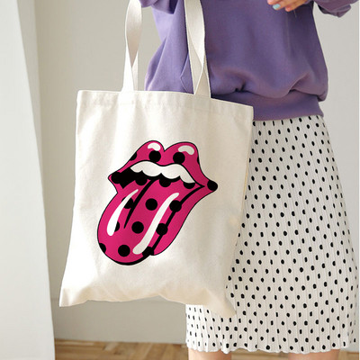 Genți de cumpărături reutilizabile, reutilizabile, pentru femei, Harajuku, cu umăr, geantă de pânză, de capacitate mare, cu imprimeu de buze