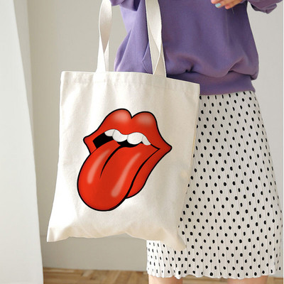 Genți de cumpărături reutilizabile, reutilizabile, pentru femei, Harajuku, cu umăr, geantă de pânză, de capacitate mare, cu imprimeu de buze