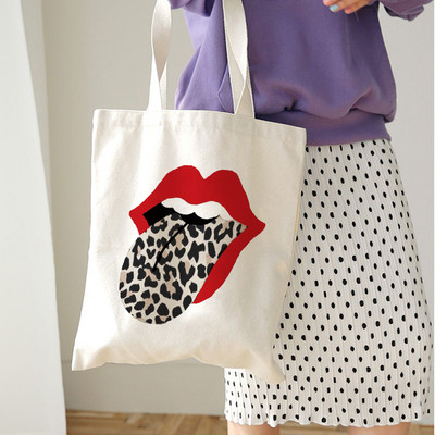 Genți de cumpărături reutilizabile, reutilizabile, pentru femei, Harajuku, cu umăr, geantă de pânză, de capacitate mare, cu imprimeu de buze