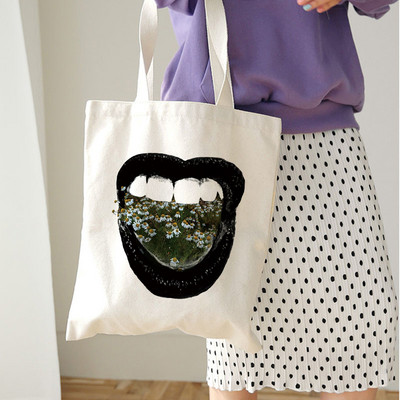 Genți de cumpărături reutilizabile, reutilizabile, pentru femei, Harajuku, cu umăr, geantă de pânză, de capacitate mare, cu imprimeu de buze