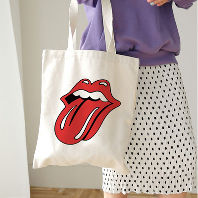 Genți de cumpărături reutilizabile, reutilizabile, pentru femei, Harajuku, cu umăr, geantă de pânză, de capacitate mare, cu imprimeu de buze