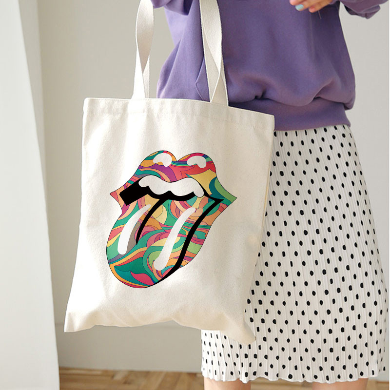 Genți de cumpărături reutilizabile, reutilizabile, pentru femei, Harajuku, cu umăr, geantă de pânză, de capacitate mare, cu imprimeu de buze