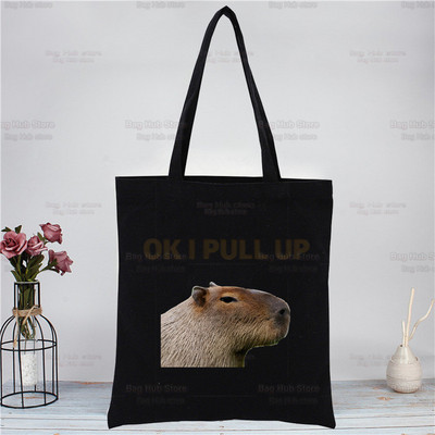Capybara Funny crna platnena torba na rame Platnena ekološka životinja OK I Pull Up Shopping Bag Platnena velika torba Ležerna ručna torba
