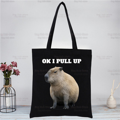 Capybara Funny crna platnena torba na rame Platnena ekološka životinja OK I Pull Up Shopping Bag Platnena velika torba Ležerna ručna torba