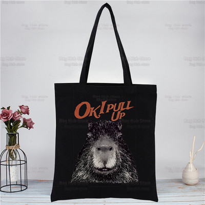 Capybara Funny crna platnena torba na rame Platnena ekološka životinja OK I Pull Up Shopping Bag Platnena velika torba Ležerna ručna torba