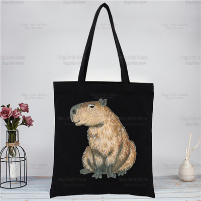 Capybara Funny crna platnena torba na rame Platnena ekološka životinja OK I Pull Up Shopping Bag Platnena velika torba Ležerna ručna torba