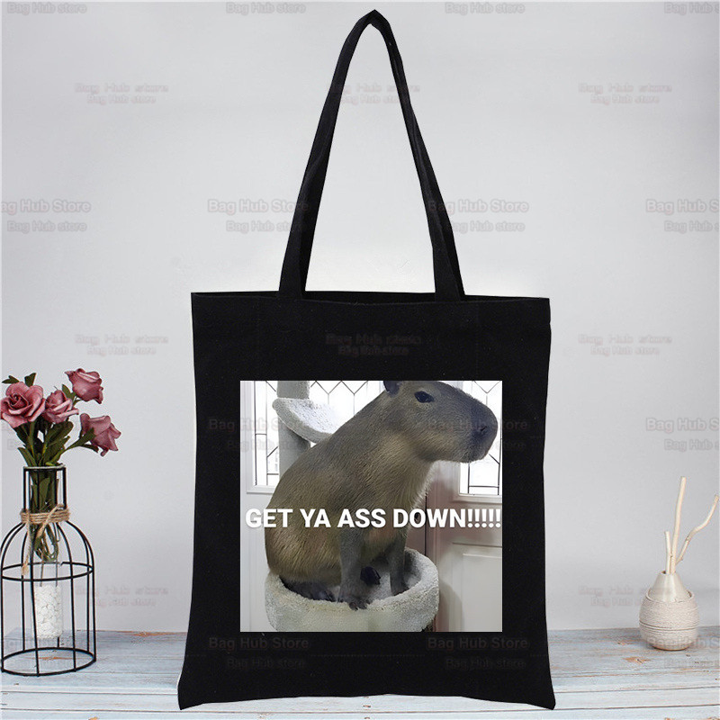 Capybara Funny crna platnena torba na rame Platnena ekološka životinja OK I Pull Up Shopping Bag Platnena velika torba Ležerna ručna torba