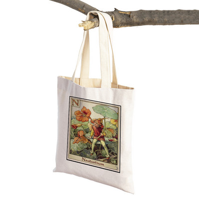 Vintage ziedu meitene multfilma bērnu lielveikalu rokassomiņa Ikdienas audekla sieviešu iepirkumu somas Ziedu elfs pasaku pircēju soma