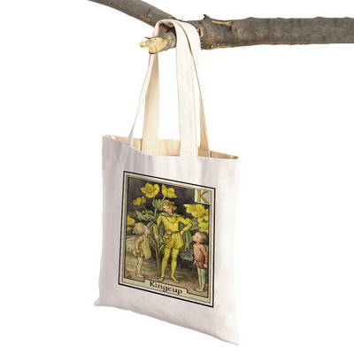 Vintage ziedu meitene multfilma bērnu lielveikalu rokassomiņa Ikdienas audekla sieviešu iepirkumu somas Ziedu elfs pasaku pircēju soma