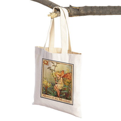 Vintage ziedu meitene multfilma bērnu lielveikalu rokassomiņa Ikdienas audekla sieviešu iepirkumu somas Ziedu elfs pasaku pircēju soma