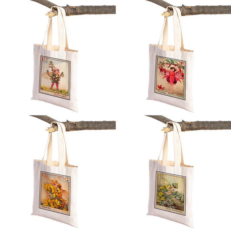 Vintage ziedu meitene multfilma bērnu lielveikalu rokassomiņa Ikdienas audekla sieviešu iepirkumu somas Ziedu elfs pasaku pircēju soma