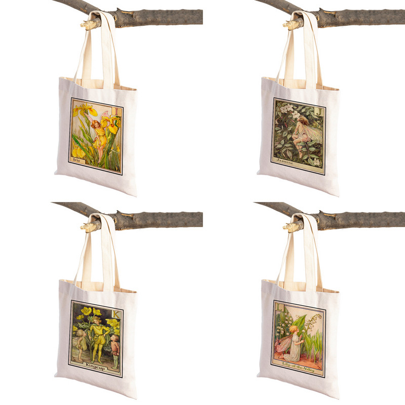 Vintage ziedu meitene multfilma bērnu lielveikalu rokassomiņa Ikdienas audekla sieviešu iepirkumu somas Ziedu elfs pasaku pircēju soma