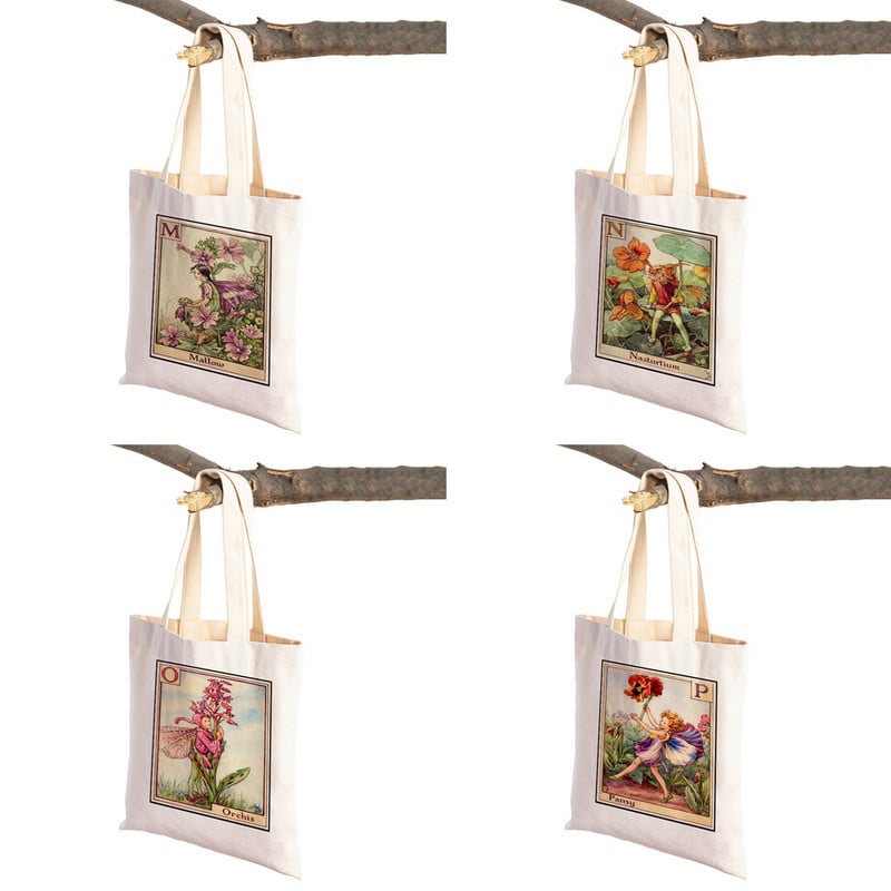 Vintage ziedu meitene multfilma bērnu lielveikalu rokassomiņa Ikdienas audekla sieviešu iepirkumu somas Ziedu elfs pasaku pircēju soma