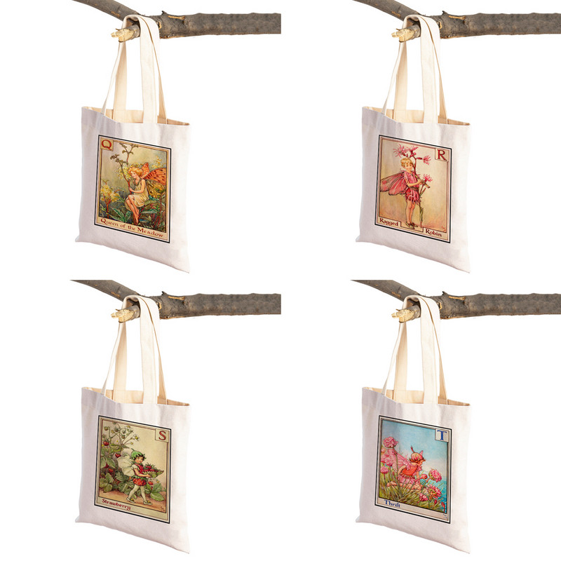 Vintage ziedu meitene multfilma bērnu lielveikalu rokassomiņa Ikdienas audekla sieviešu iepirkumu somas Ziedu elfs pasaku pircēju soma